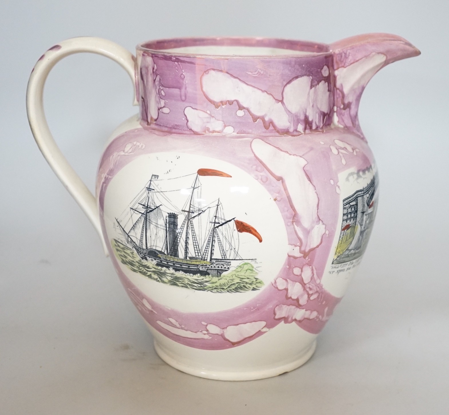 A large Sunderland pink lustre jug of The Iron Bridge, height 25cm